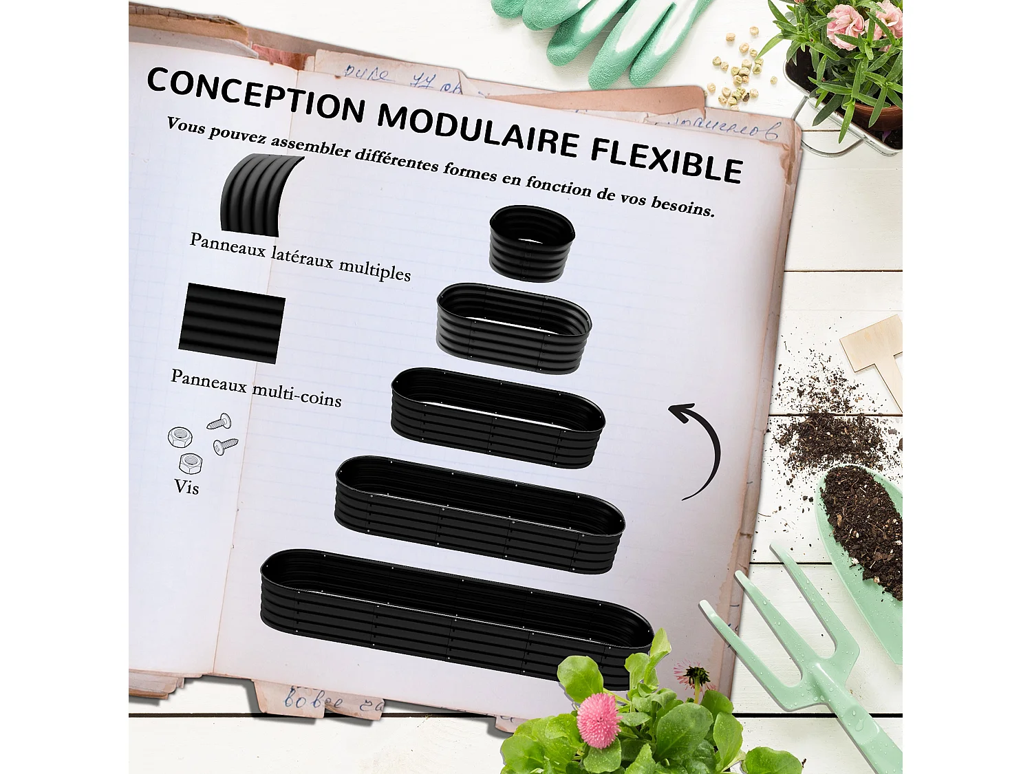 Carré potager de jardin dim. 240L x 62l x 30H cm modulable tôle d'acier ondulée noir