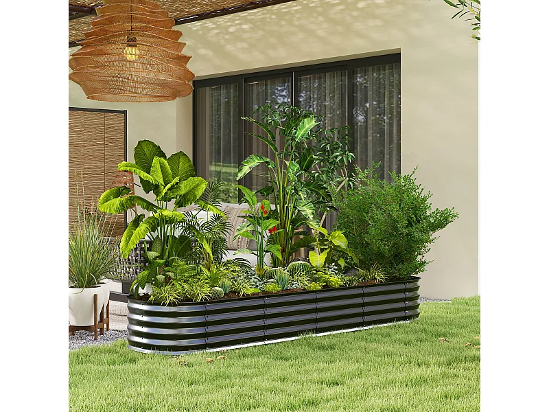 Carré potager de jardin dim. 240L x 62l x 30H cm modulable tôle d'acier ondulée noir