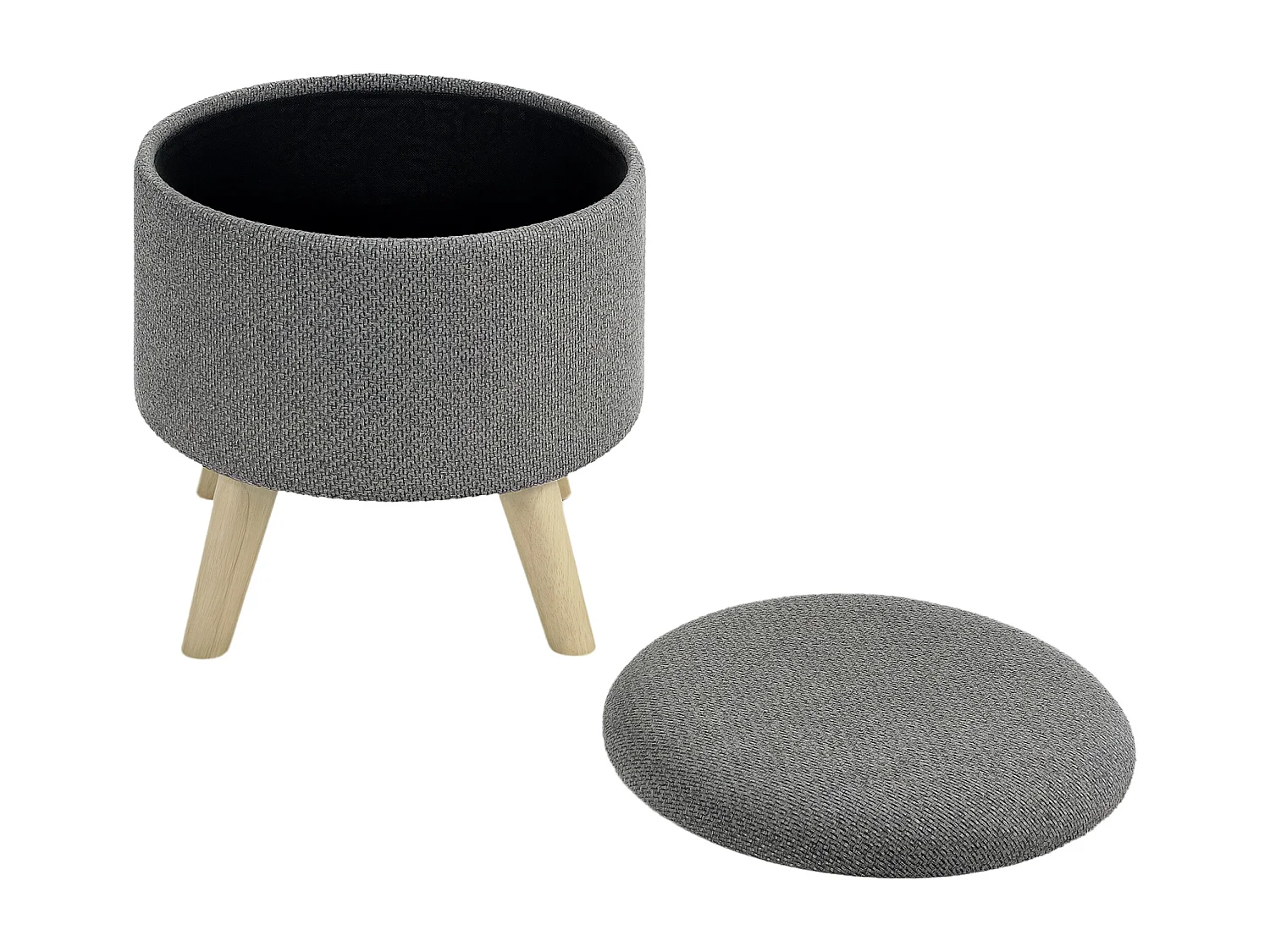 Pouf repose-pied tabouret avec coffre de rangement - pieds bois tissu aspect lin gris