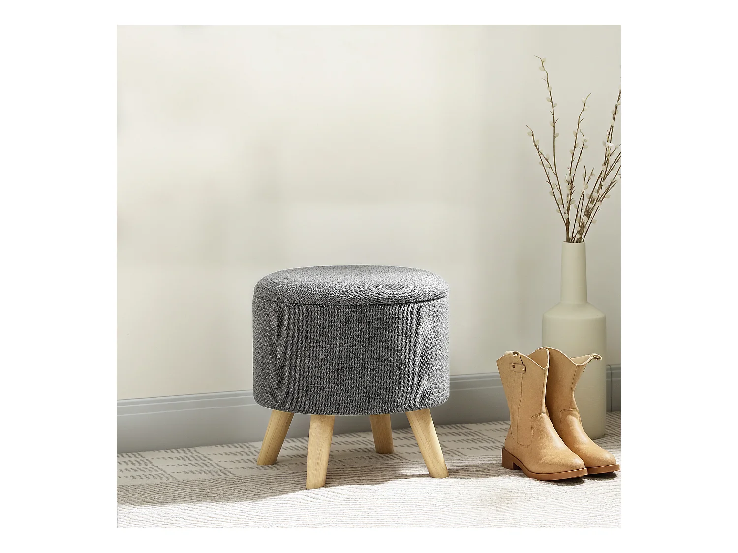Pouf repose-pied tabouret avec coffre de rangement - pieds bois tissu aspect lin gris