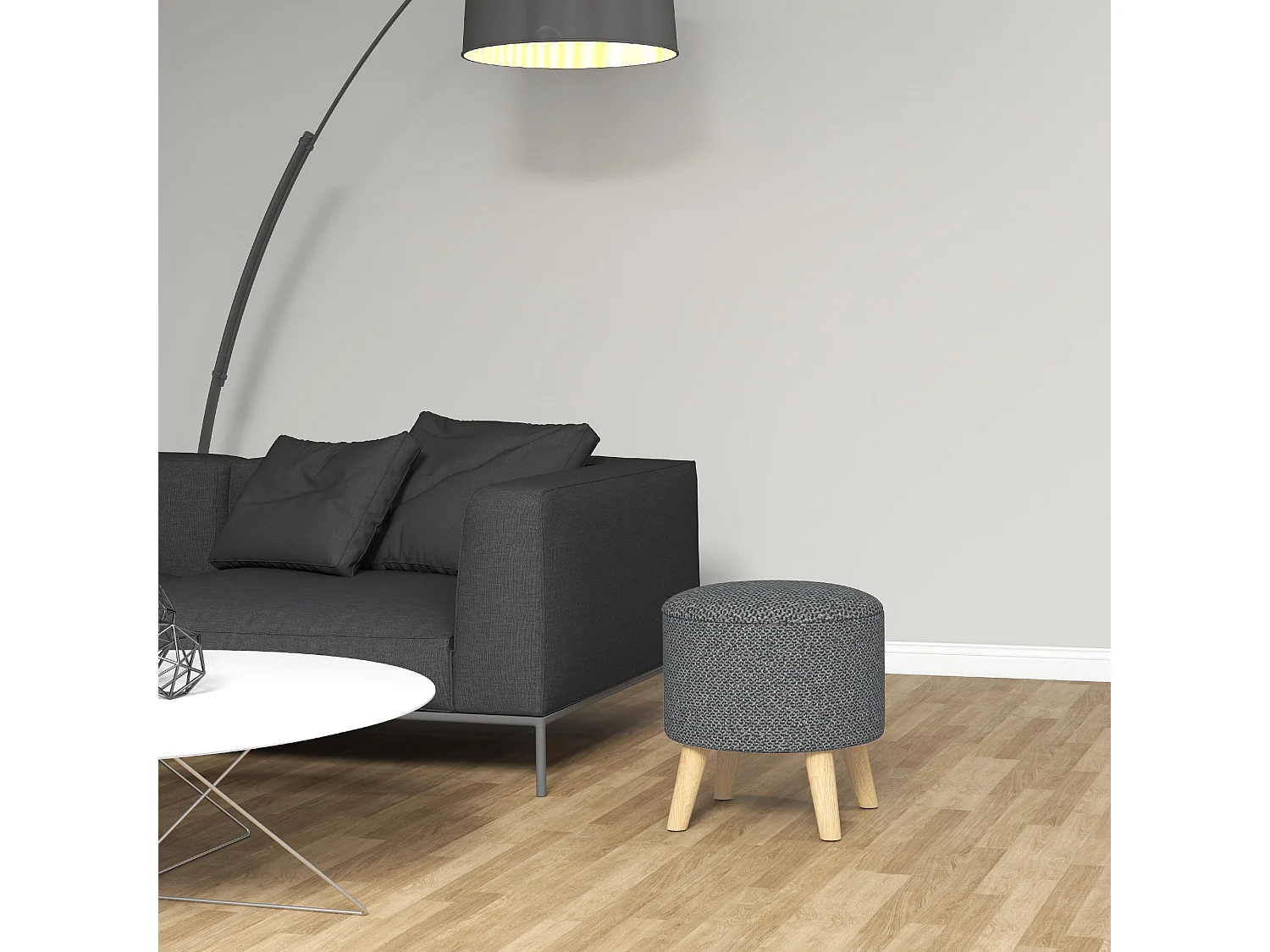 Pouf repose-pied tabouret avec coffre de rangement - pieds bois tissu aspect lin gris