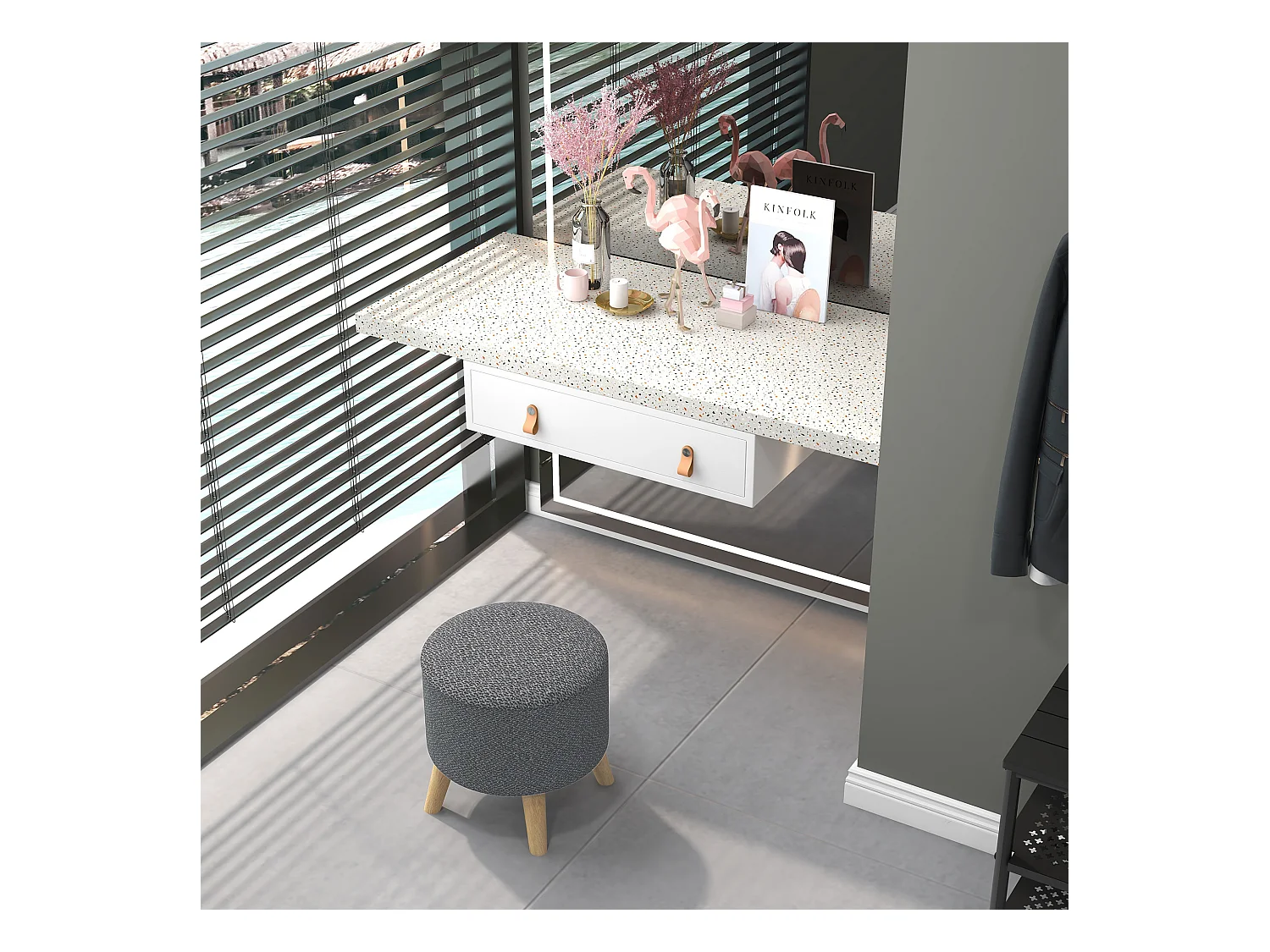 Pouf repose-pied tabouret avec coffre de rangement - pieds bois tissu aspect lin gris