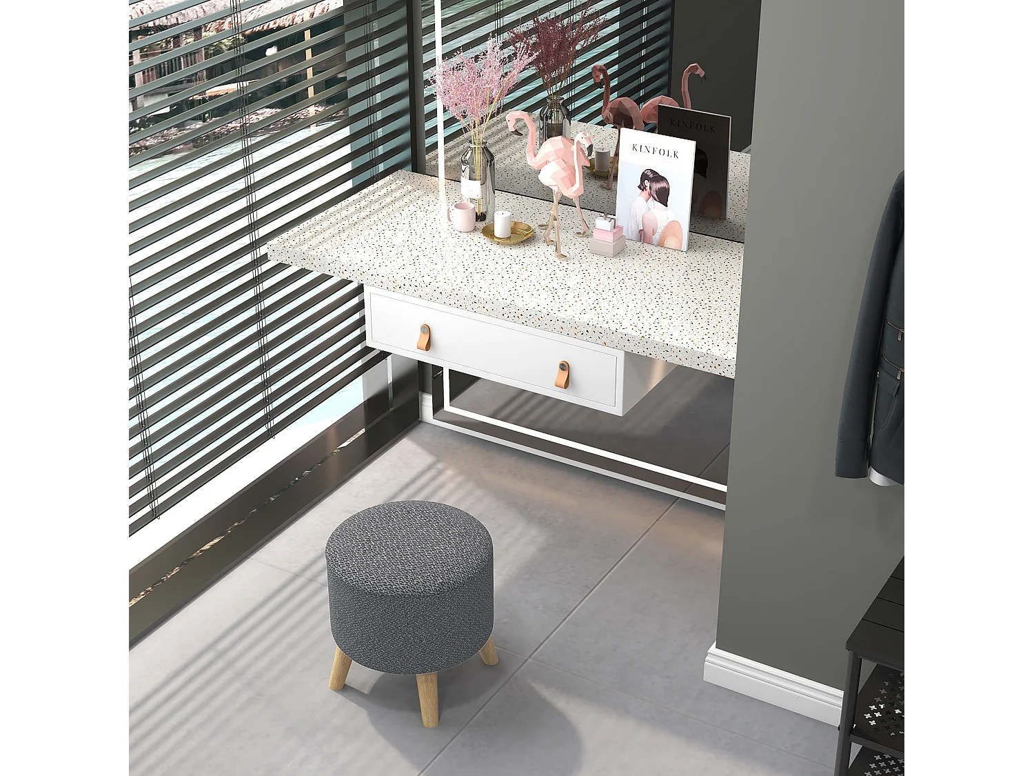 Pouf repose-pied tabouret avec coffre de rangement - pieds bois tissu aspect lin gris