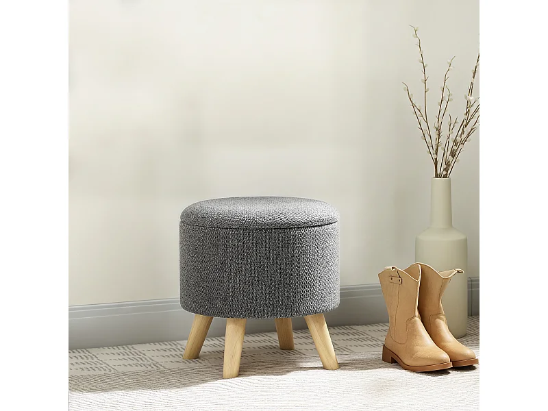 Pouf repose-pied tabouret avec coffre de rangement - pieds bois tissu aspect lin gris