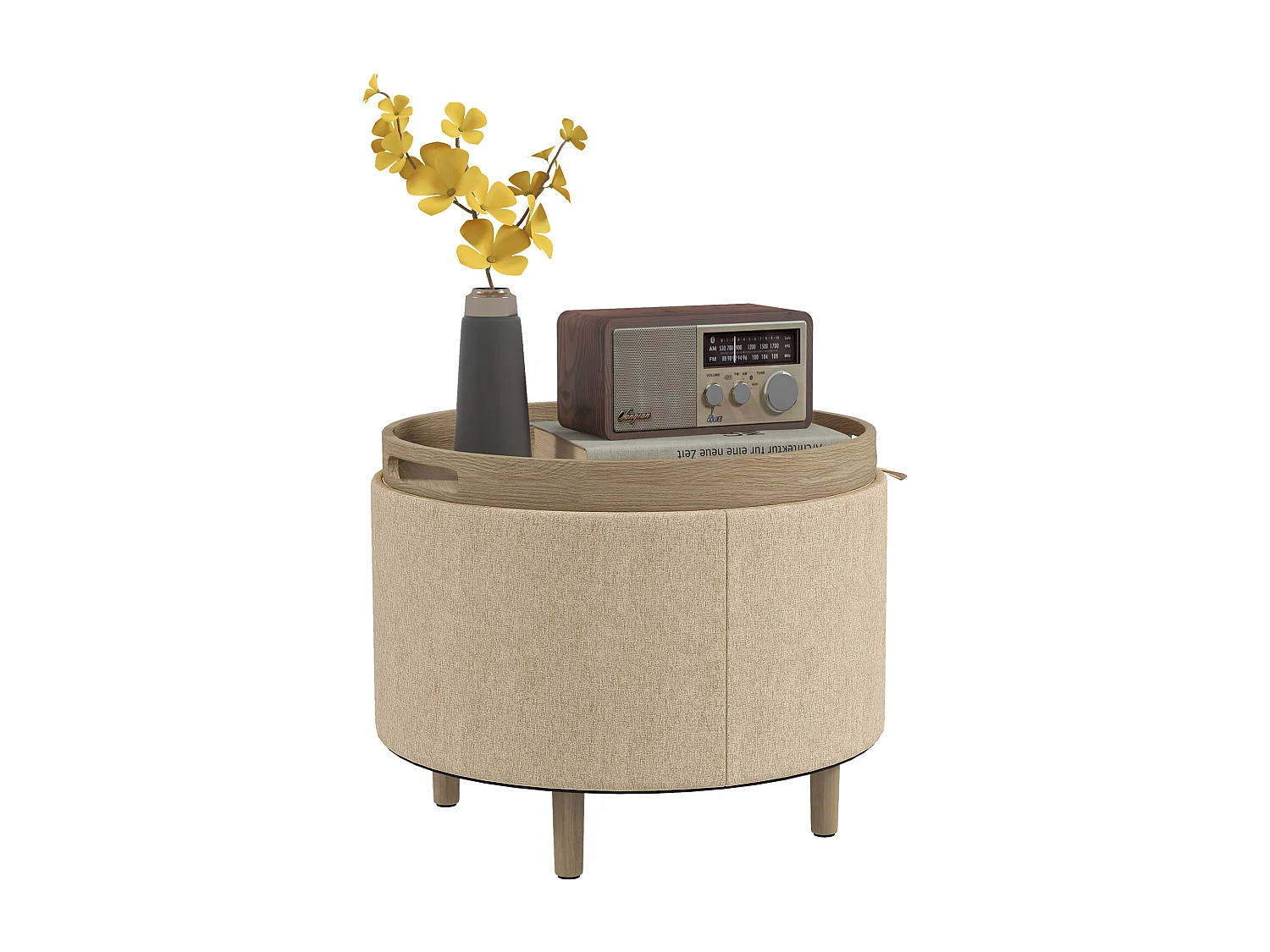 Pouf repose-pied tabouret avec coffre de rangement - plateau réversible - pieds bois tissu aspect lin beige