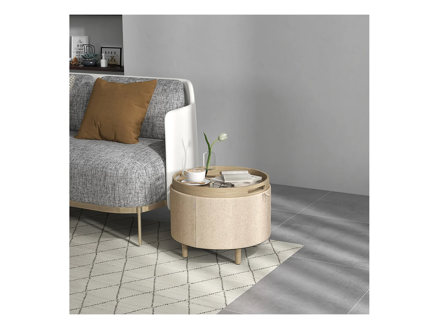 Pouf repose-pied tabouret avec coffre de rangement - plateau réversible - pieds bois tissu aspect lin beige