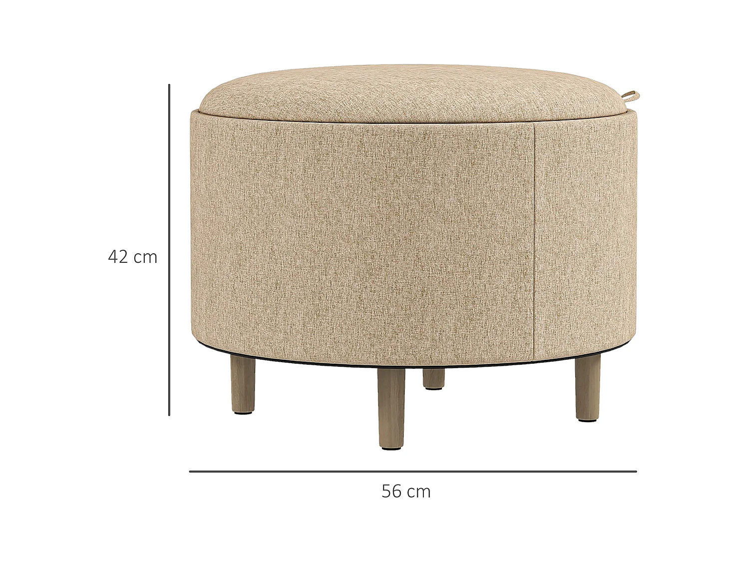 Pouf repose-pied tabouret avec coffre de rangement - plateau réversible - pieds bois tissu aspect lin beige