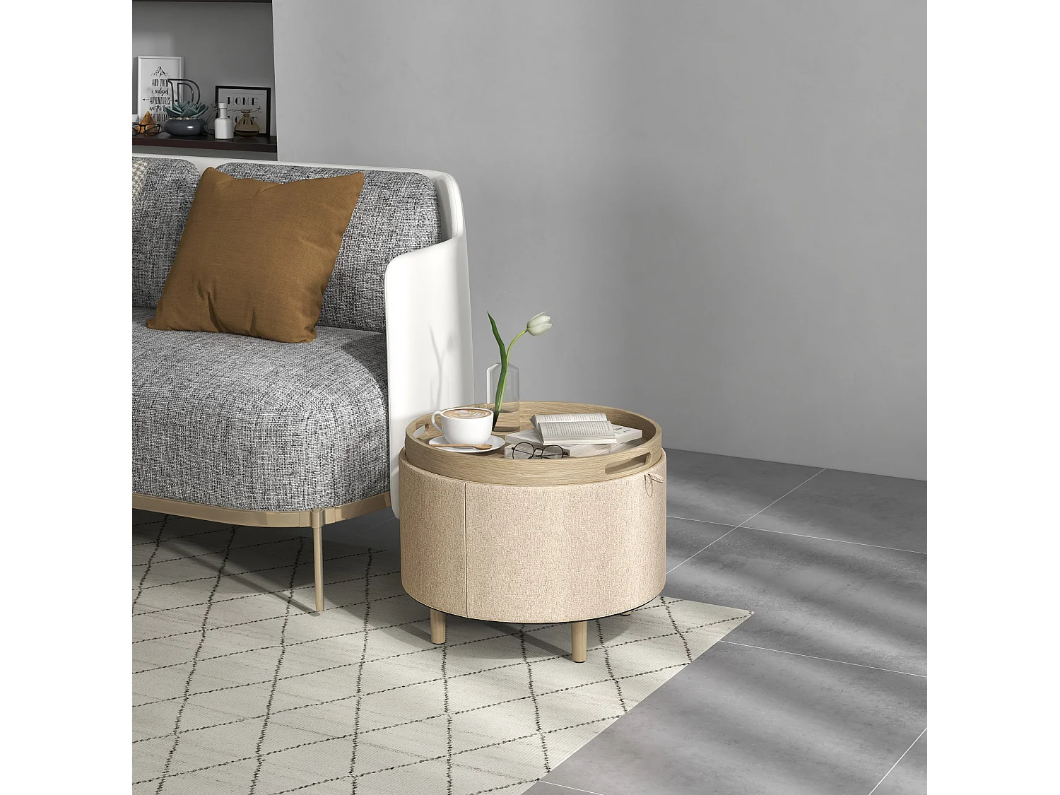 Pouf repose-pied tabouret avec coffre de rangement - plateau réversible - pieds bois tissu aspect lin beige