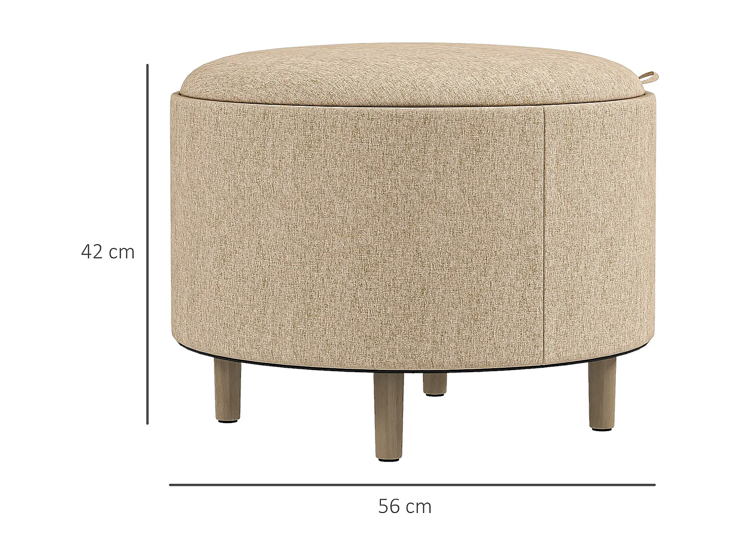 Pouf repose-pied tabouret avec coffre de rangement - plateau réversible - pieds bois tissu aspect lin beige