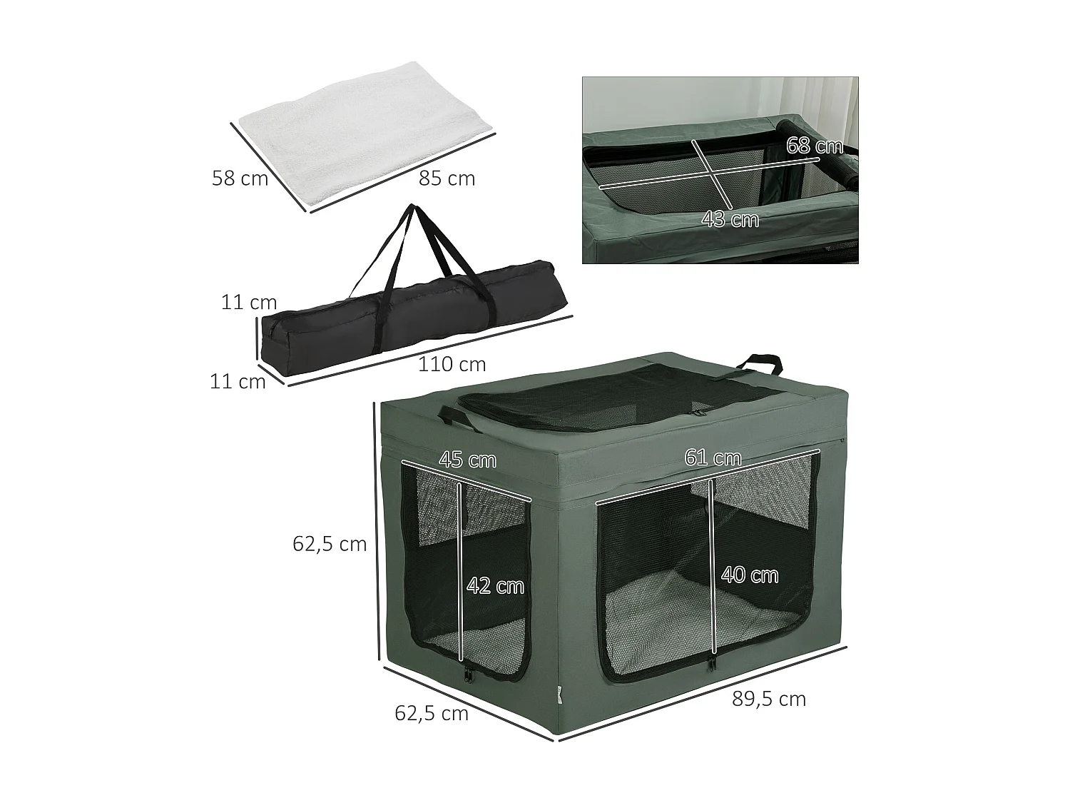 Sac de transport pliable pour chien chat - 2 poignées, 3 portes - dim. 89L x 62l x 62H cm - acier polyester gris