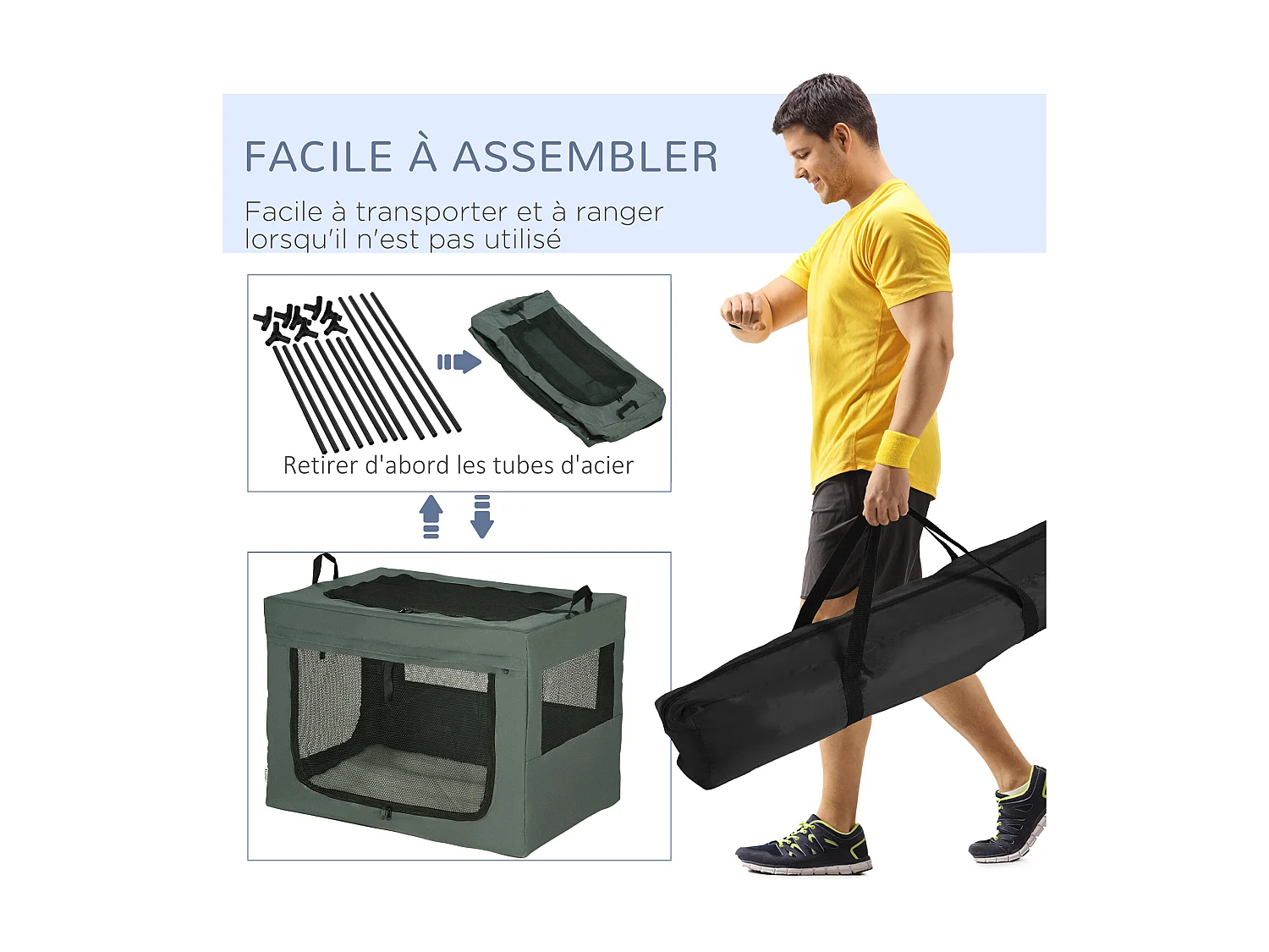 Sac de transport pliable pour chien chat - 2 poignées, 3 portes - dim. 89L x 62l x 62H cm - acier polyester gris