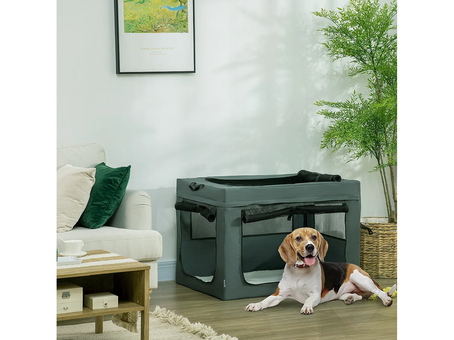 Sac de transport pliable pour chien chat - 2 poignées, 3 portes - dim. 89L x 62l x 62H cm - acier polyester gris