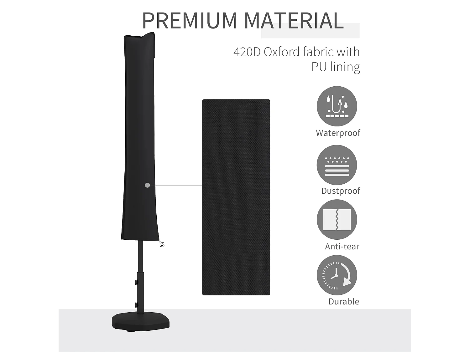 Housse de protection imperméable pour parasol droit avec fermeture éclair et cordon de serrage noir