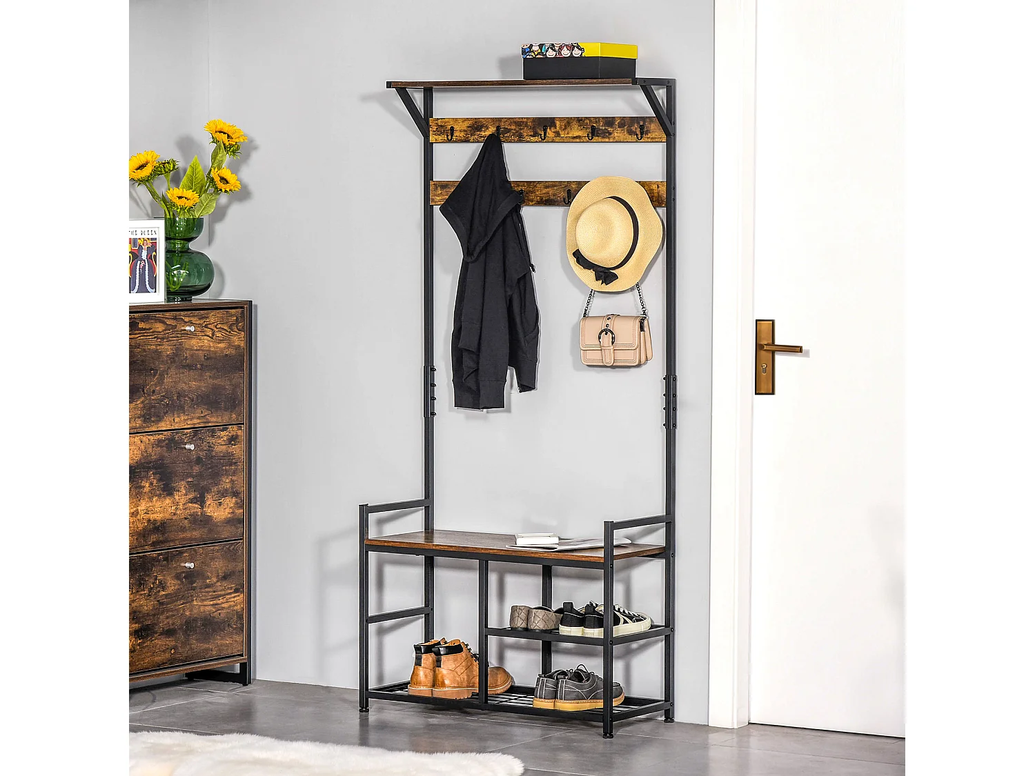 Vestiaire d'entrée multi-rangement design industriel acier noir aspect bois vieilli