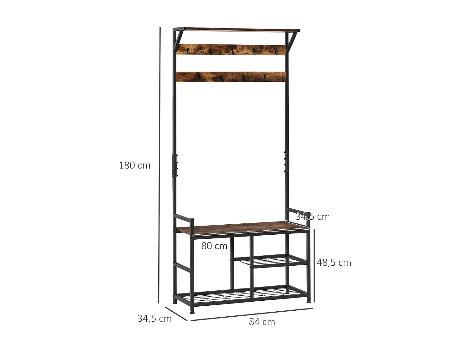 Vestiaire d'entrée multi-rangement design industriel acier noir aspect bois vieilli