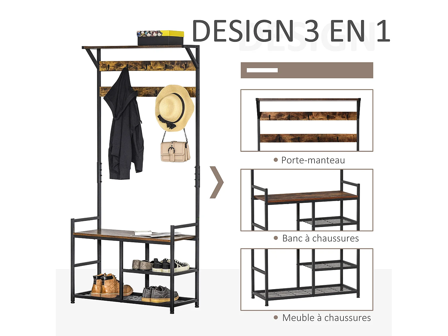 Vestiaire d'entrée multi-rangement design industriel acier noir aspect bois vieilli