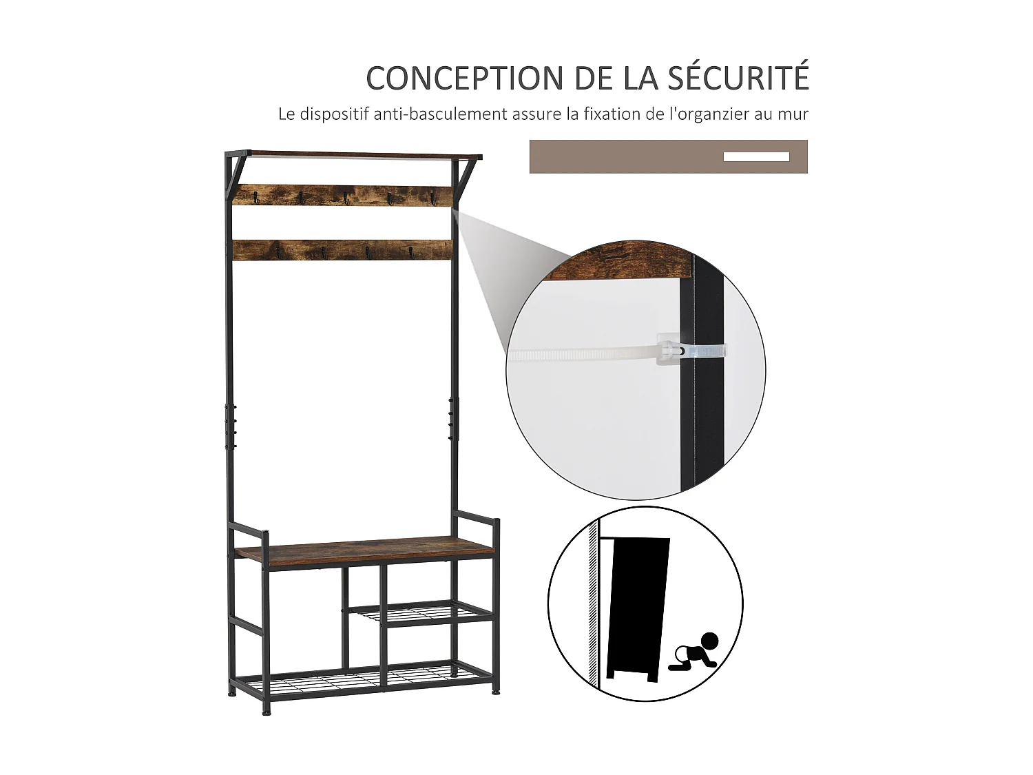 Vestiaire d'entrée multi-rangement design industriel acier noir aspect bois vieilli