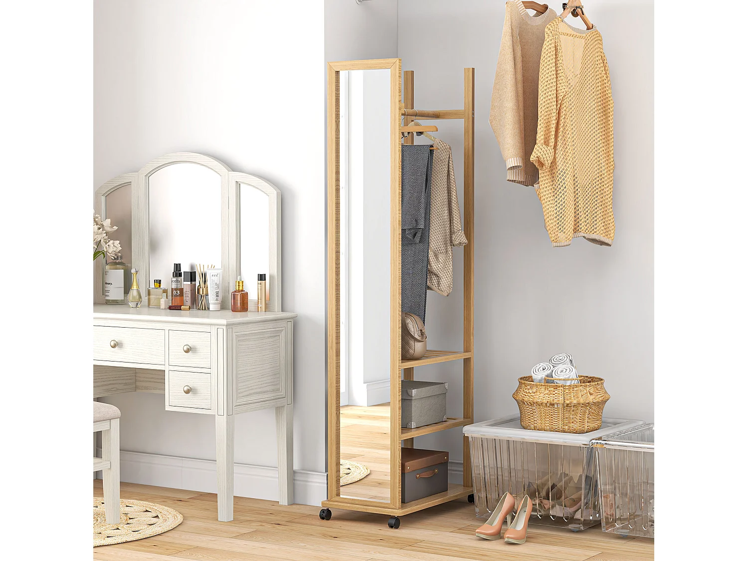 Miroir sur pied avec roulettes - portant, 3 étagères - dim. 59L x 35P x 170H cm - bois de jabon verni