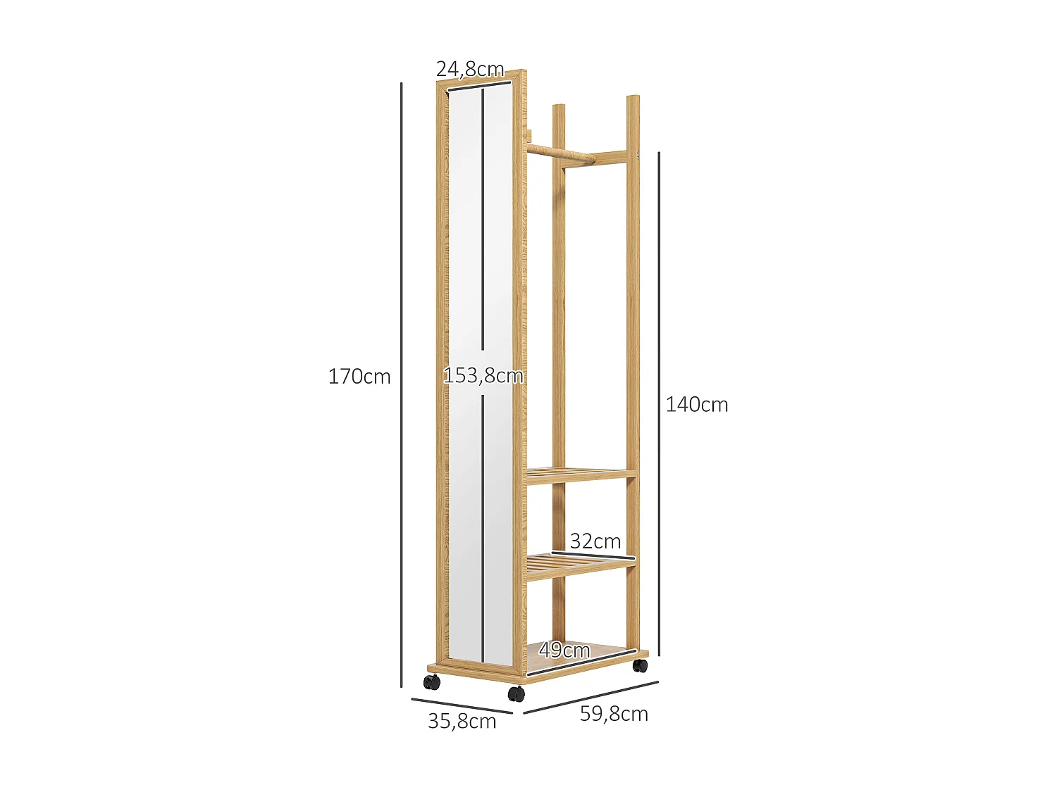 Miroir sur pied avec roulettes - portant, 3 étagères - dim. 59L x 35P x 170H cm - bois de jabon verni