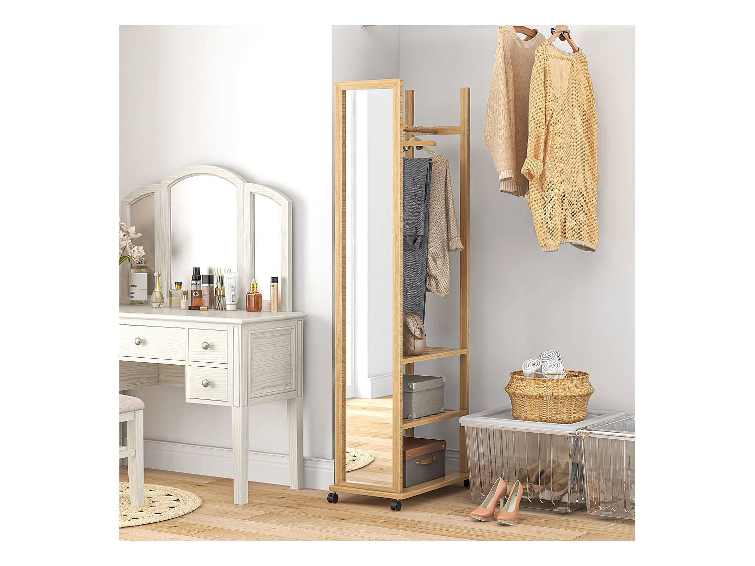 Miroir sur pied avec roulettes - portant, 3 étagères - dim. 59L x 35P x 170H cm - bois de jabon verni