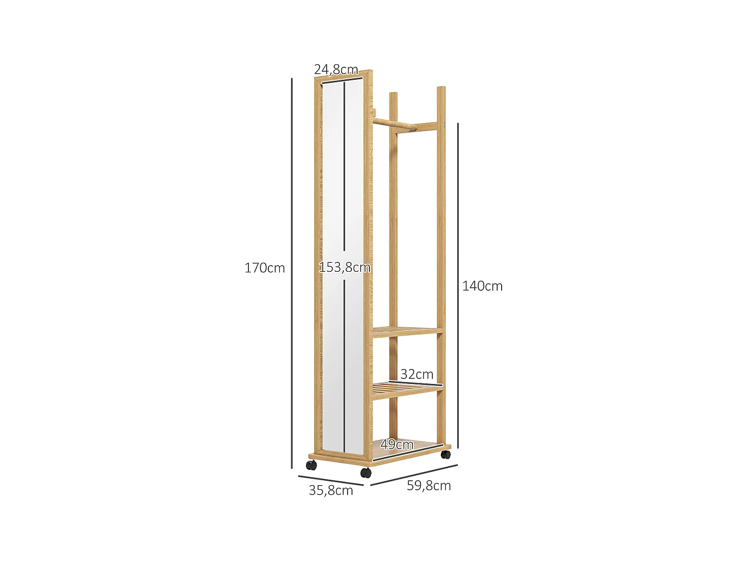 Miroir sur pied avec roulettes - portant, 3 étagères - dim. 59L x 35P x 170H cm - bois de jabon verni