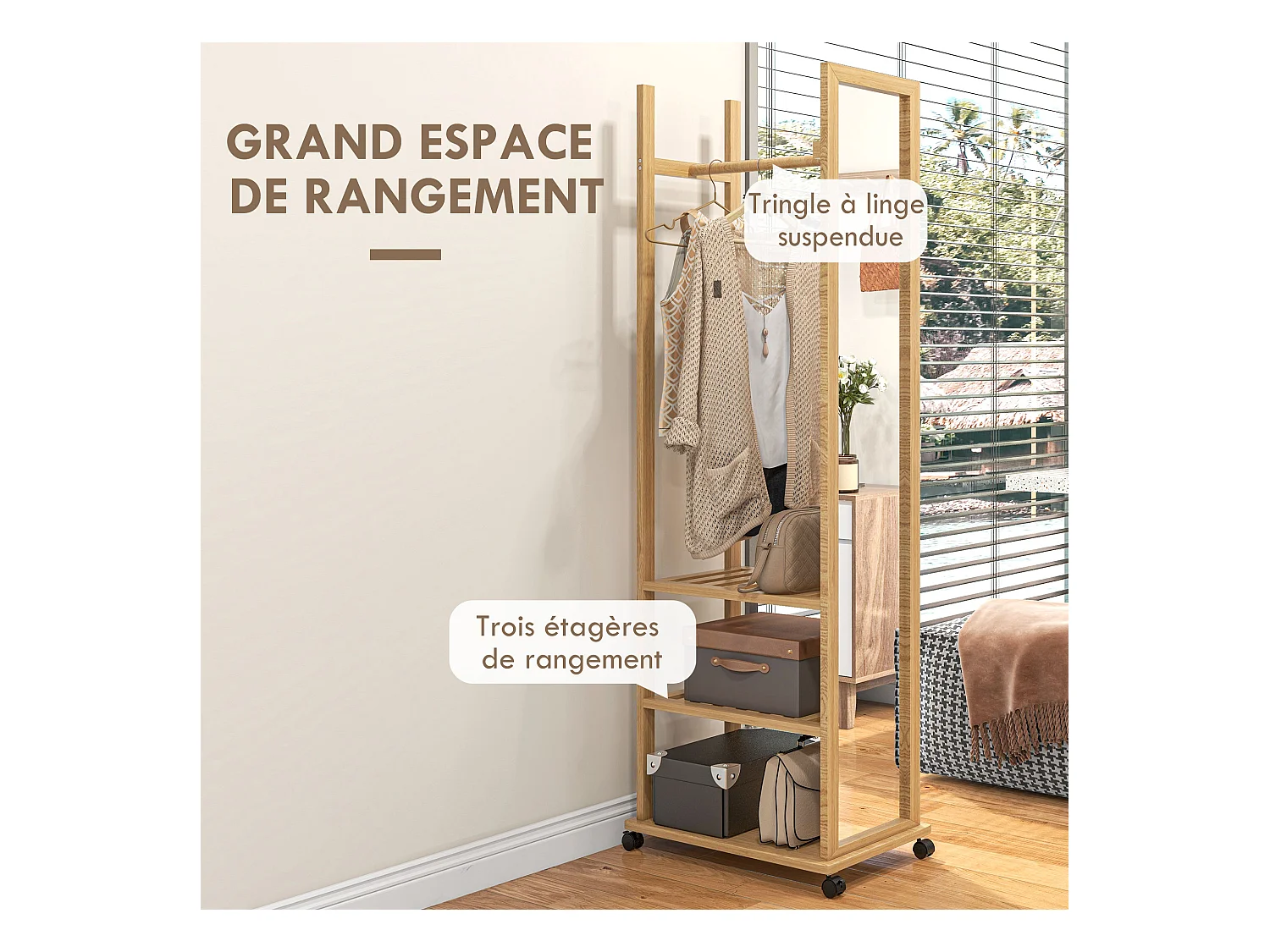 Miroir sur pied avec roulettes - portant, 3 étagères - dim. 59L x 35P x 170H cm - bois de jabon verni