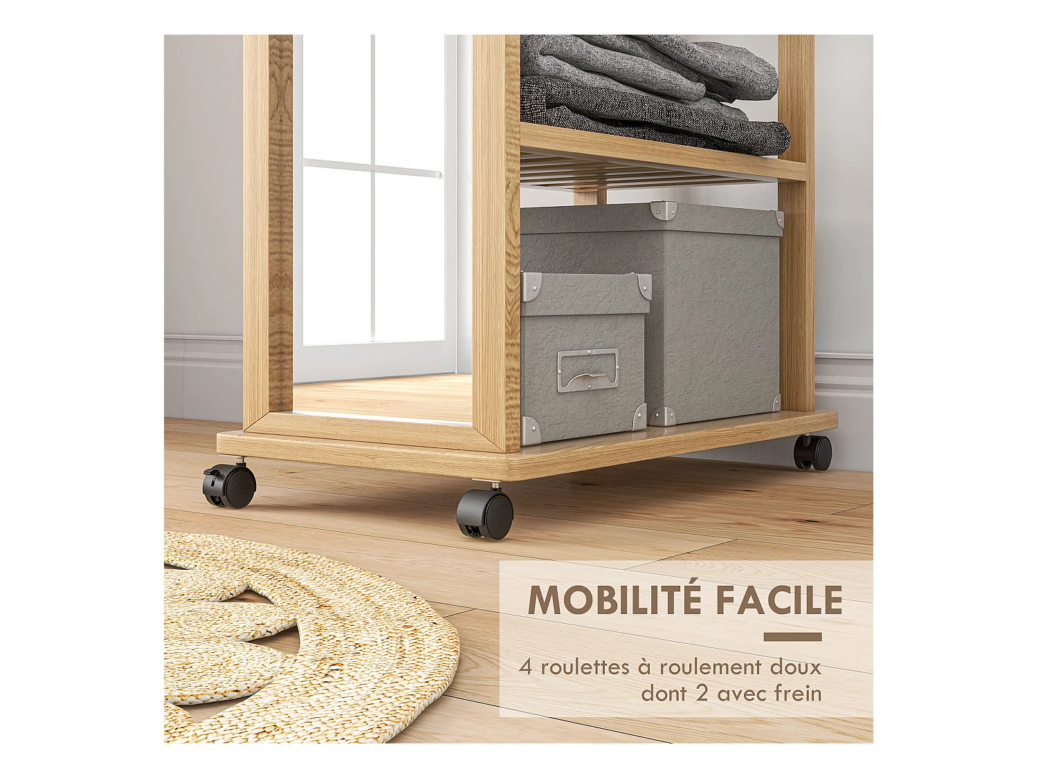 Miroir sur pied avec roulettes - portant, 3 étagères - dim. 59L x 35P x 170H cm - bois de jabon verni