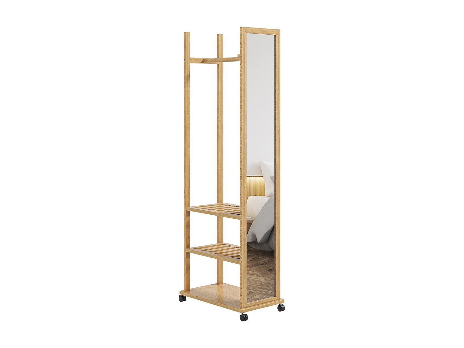Miroir sur pied avec roulettes - portant, 3 étagères - dim. 59L x 35P x 170H cm - bois de jabon verni