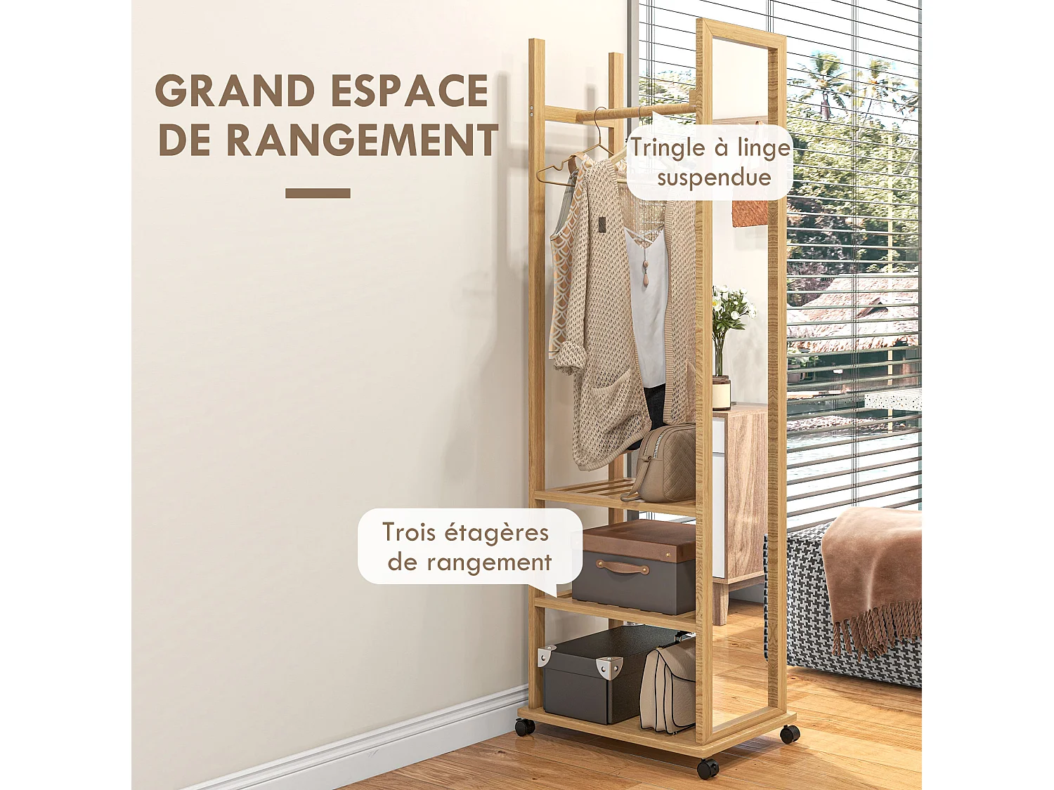 Miroir sur pied avec roulettes - portant, 3 étagères - dim. 59L x 35P x 170H cm - bois de jabon verni