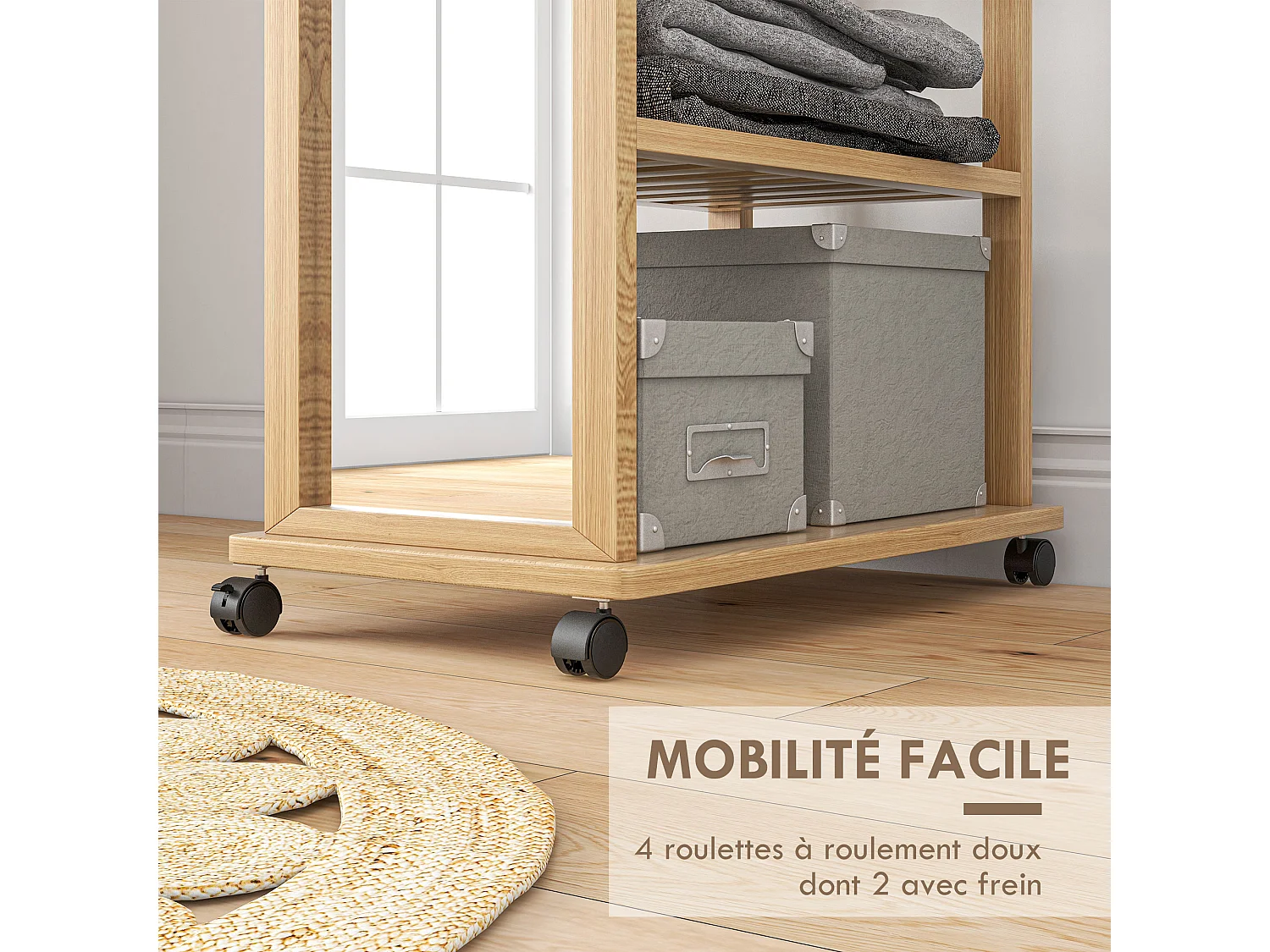 Miroir sur pied avec roulettes - portant, 3 étagères - dim. 59L x 35P x 170H cm - bois de jabon verni