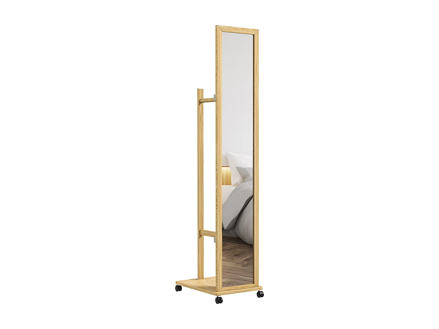 Miroir sur pied avec roulettes - portant, étagère - dim. 49L x 35P x 167H cm - bois de jabon verni