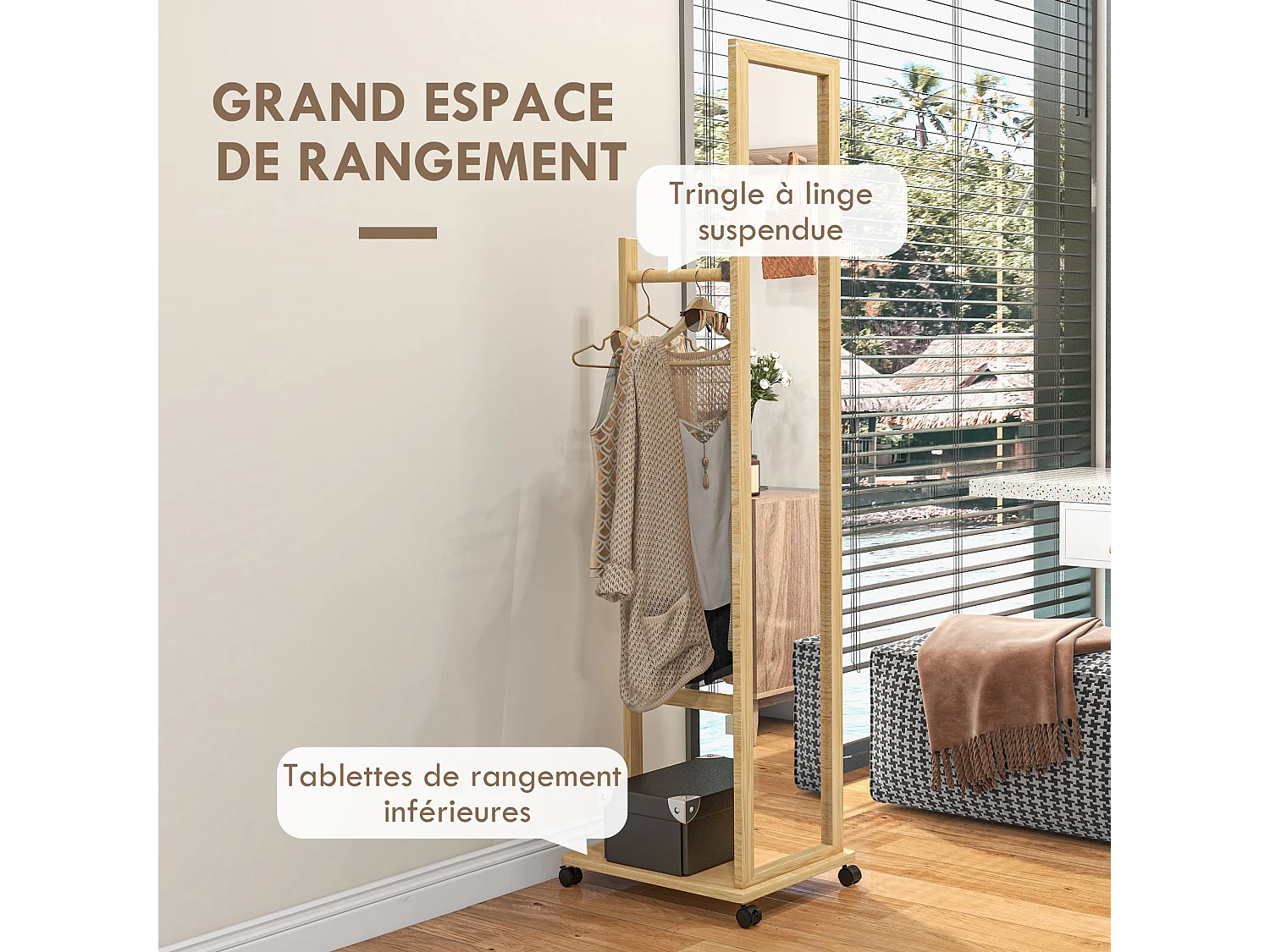 Miroir sur pied avec roulettes - portant, étagère - dim. 49L x 35P x 167H cm - bois de jabon verni