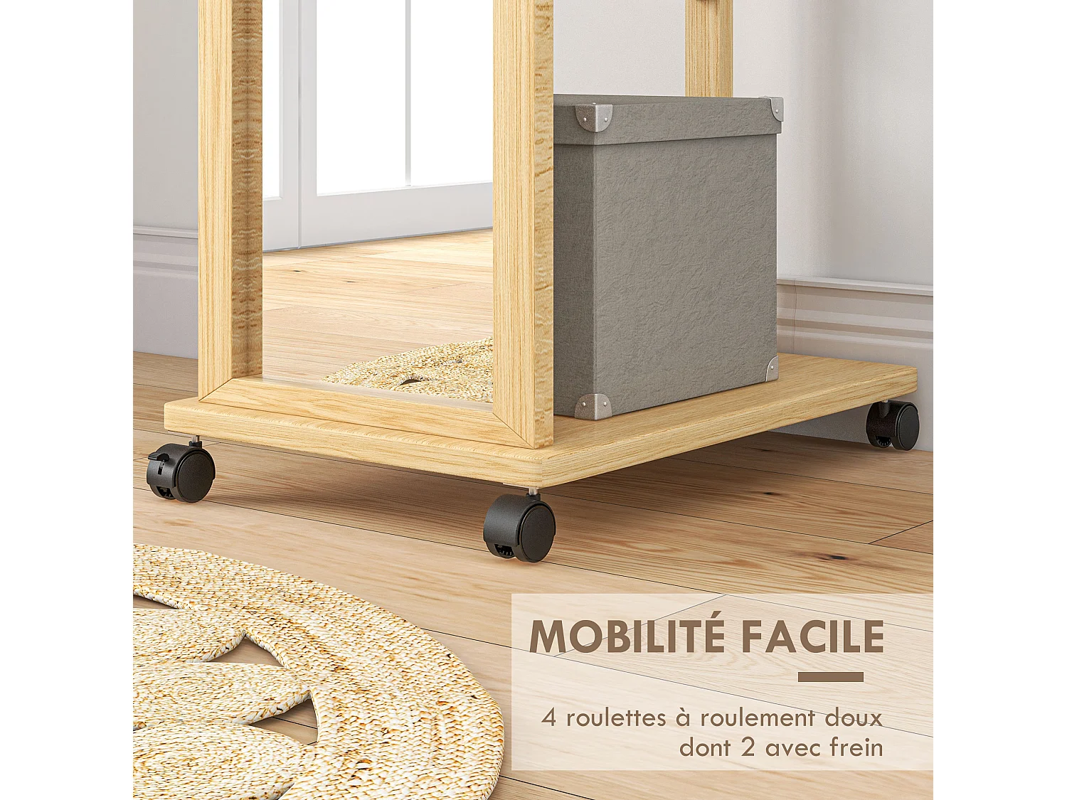 Miroir sur pied avec roulettes - portant, étagère - dim. 49L x 35P x 167H cm - bois de jabon verni