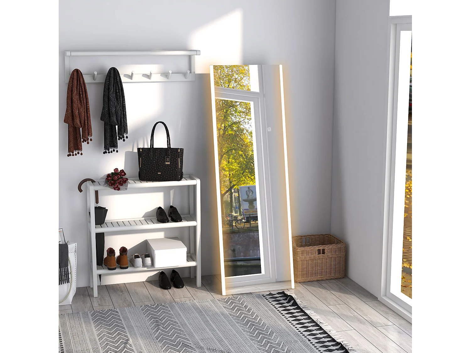 Miroir sur pied ou mural rectangulaire grande taille LED tactile dim. 50L x 50l x 148H cm verre métal blanc