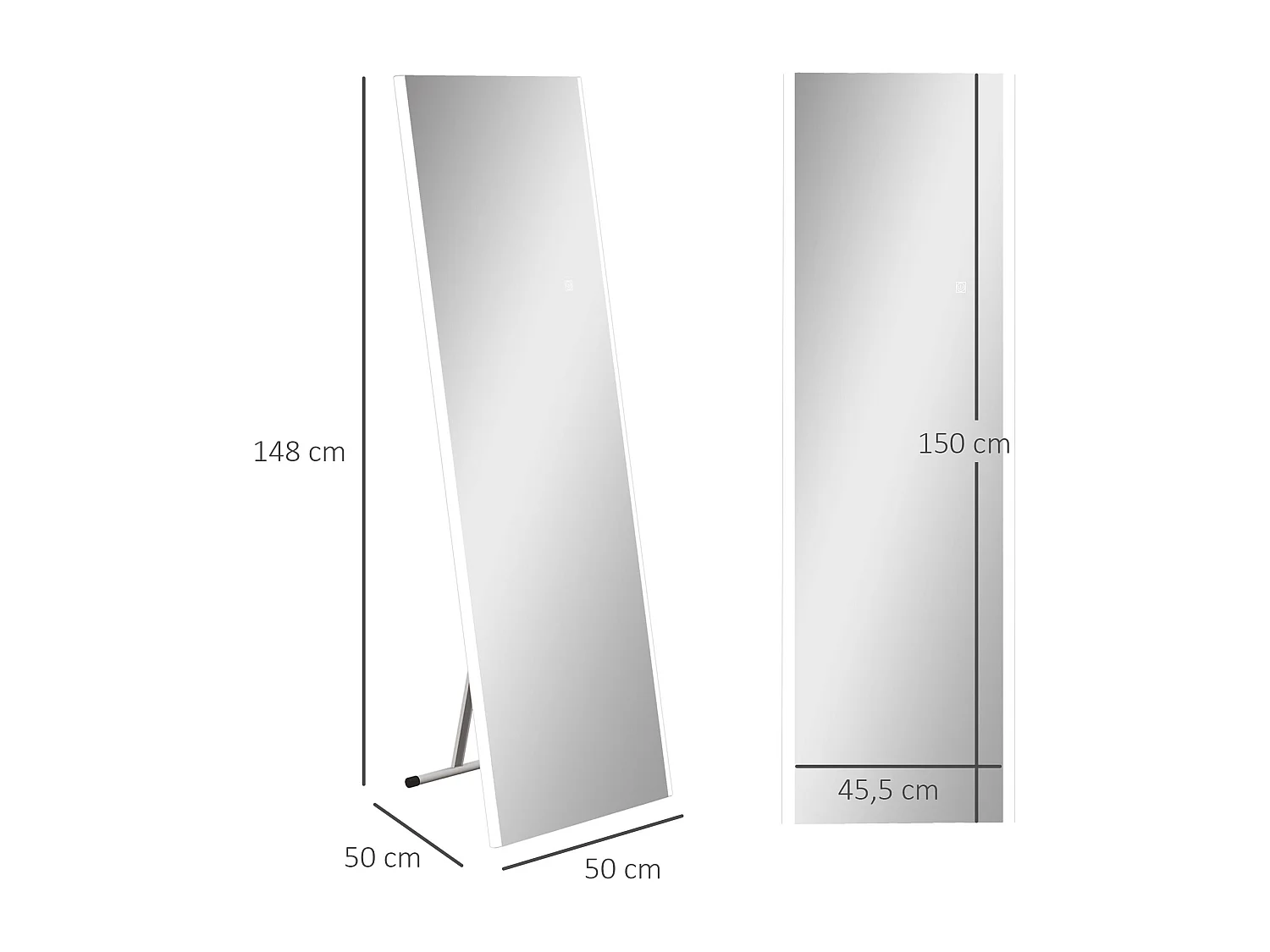 Miroir sur pied ou mural rectangulaire grande taille LED tactile dim. 50L x 50l x 148H cm verre métal blanc