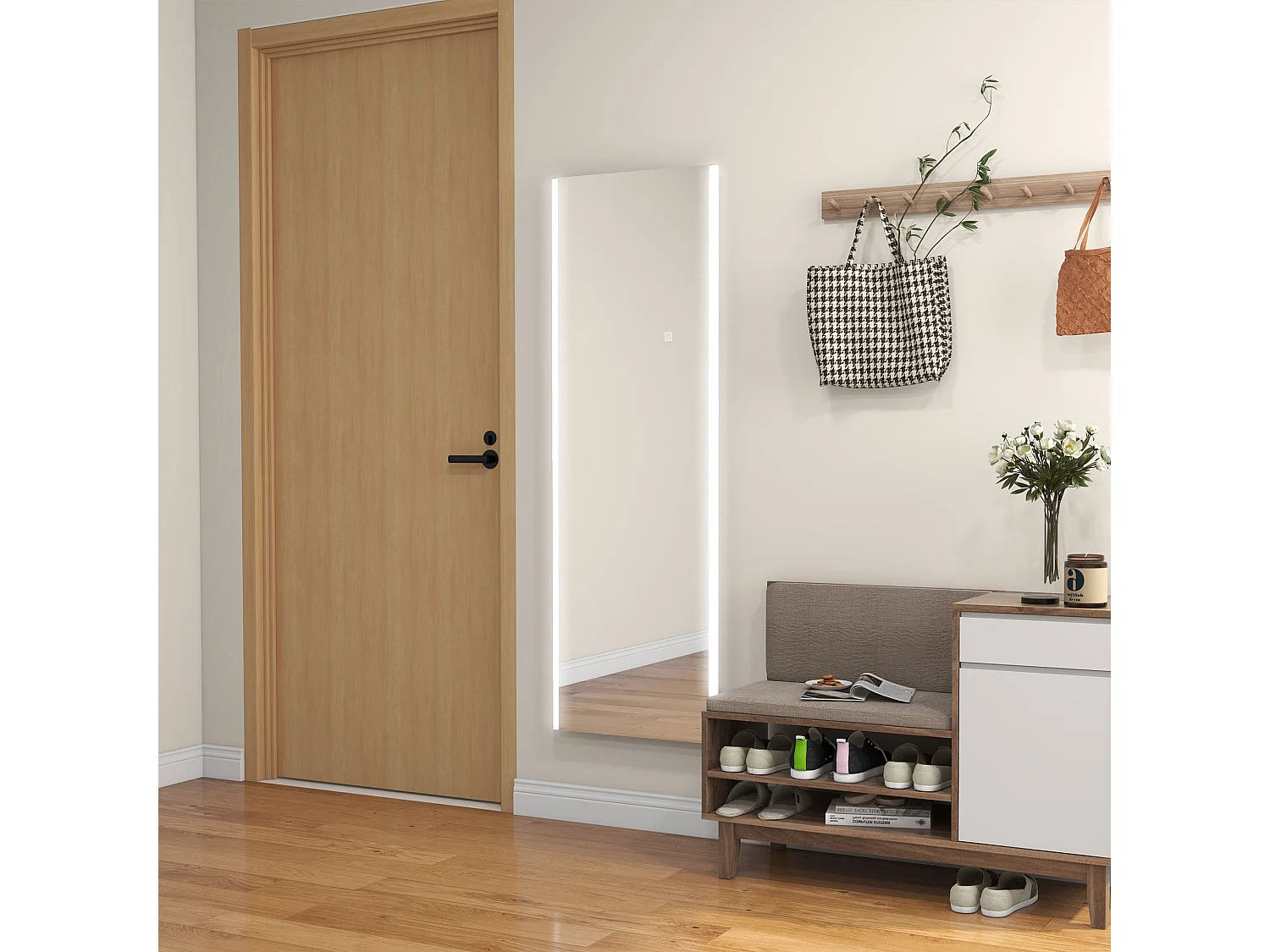 Miroir sur pied ou mural rectangulaire grande taille LED tactile dim. 50L x 50l x 148H cm verre métal blanc