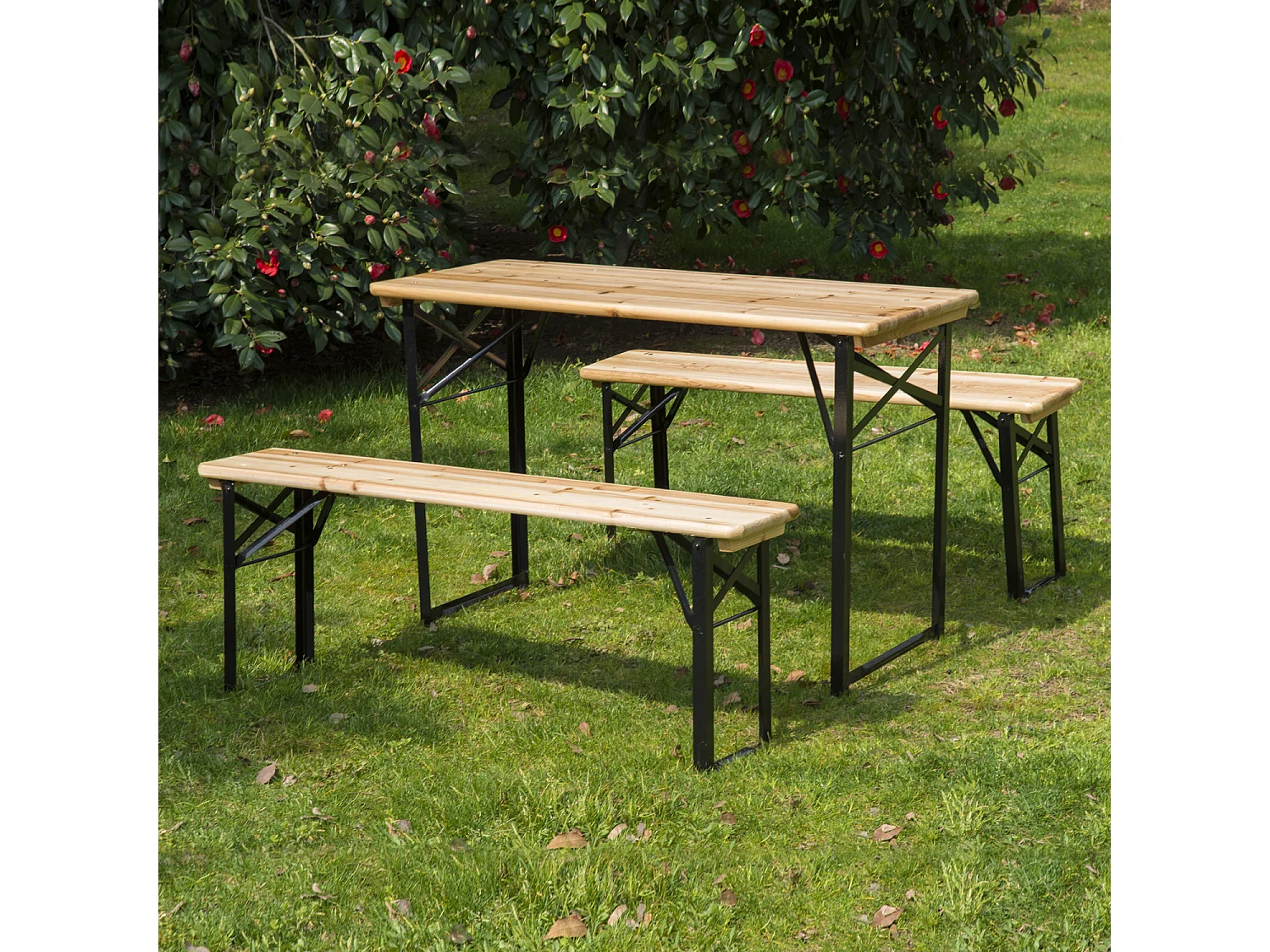 Table de camping pique-nique pliable portable + 2 bancs pliables métal époxy noir bois massif sapin