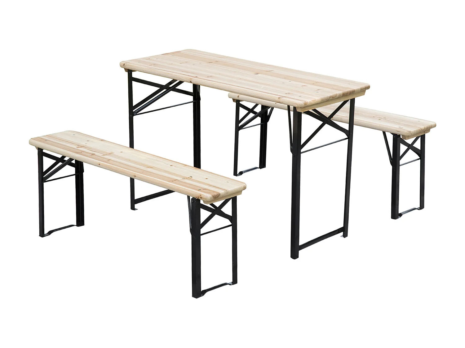 Table de camping pique-nique pliable portable + 2 bancs pliables métal époxy noir bois massif sapin