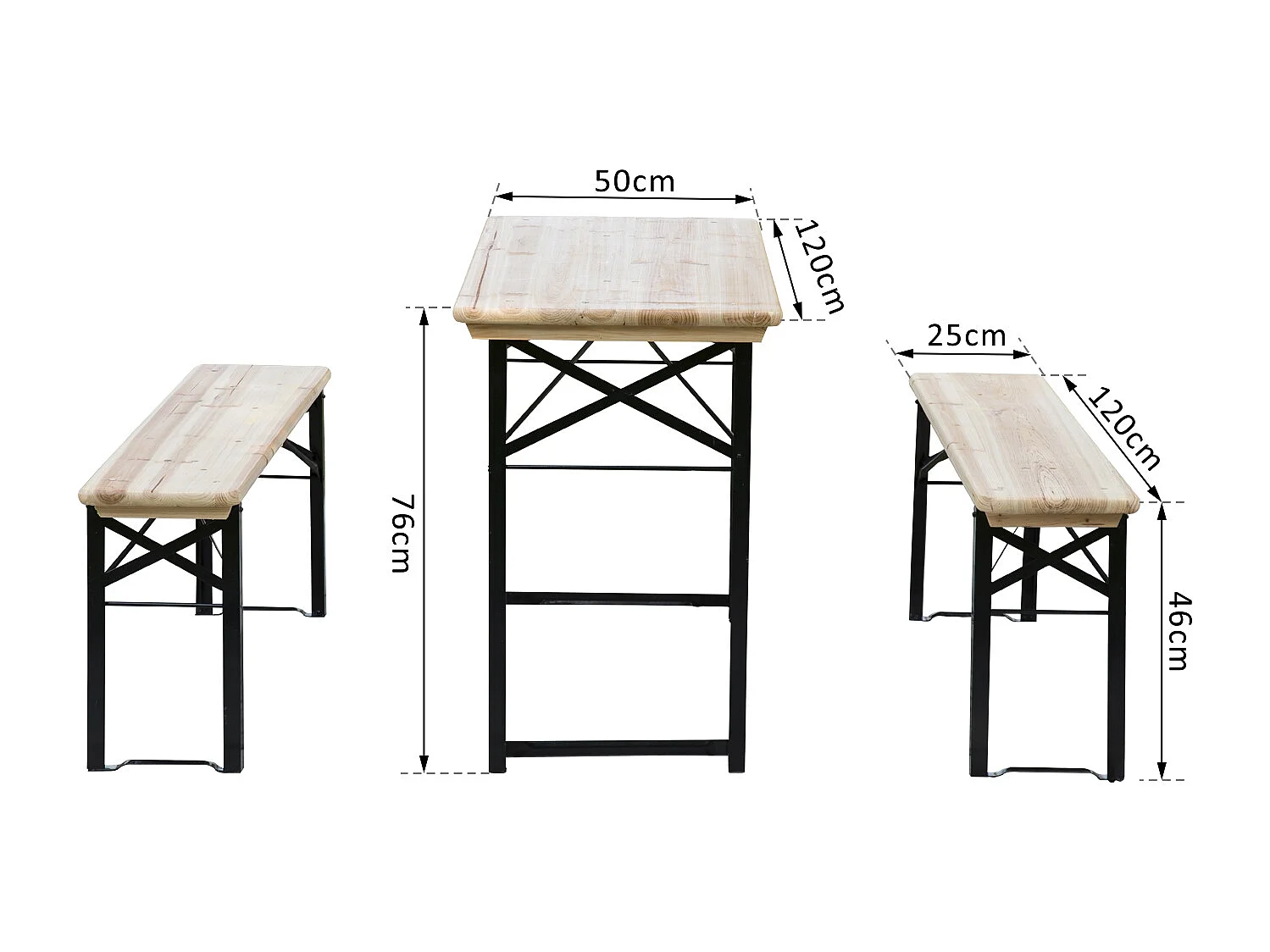 Table de camping pique-nique pliable portable + 2 bancs pliables métal époxy noir bois massif sapin