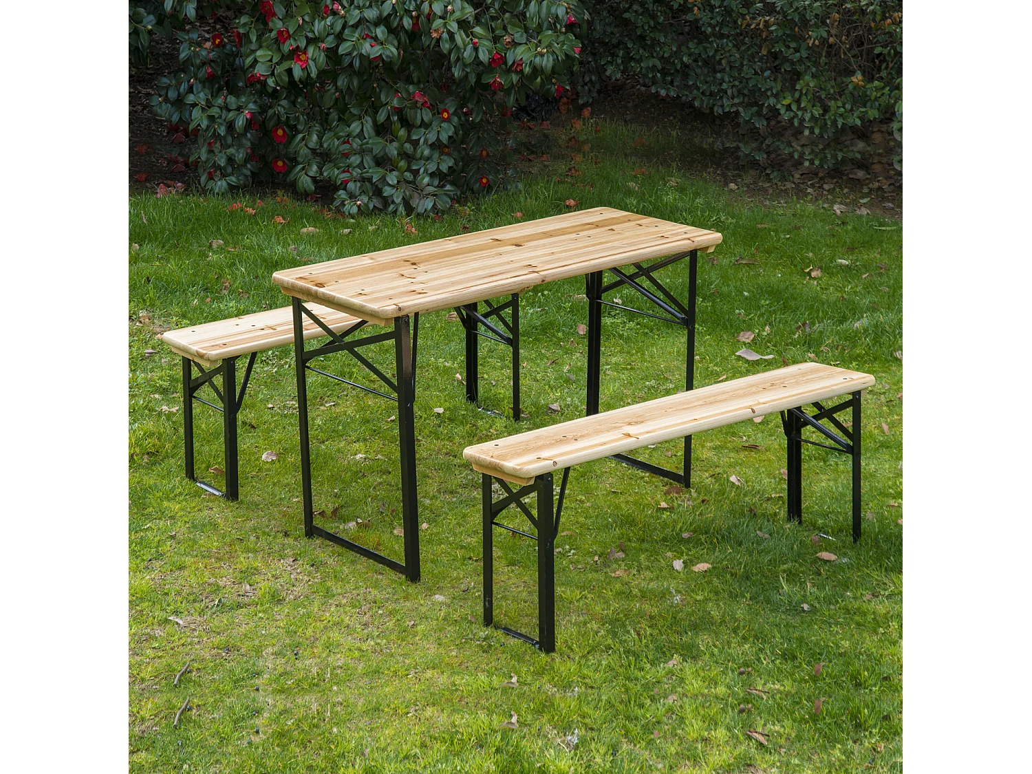 Table de camping pique-nique pliable portable + 2 bancs pliables métal époxy noir bois massif sapin