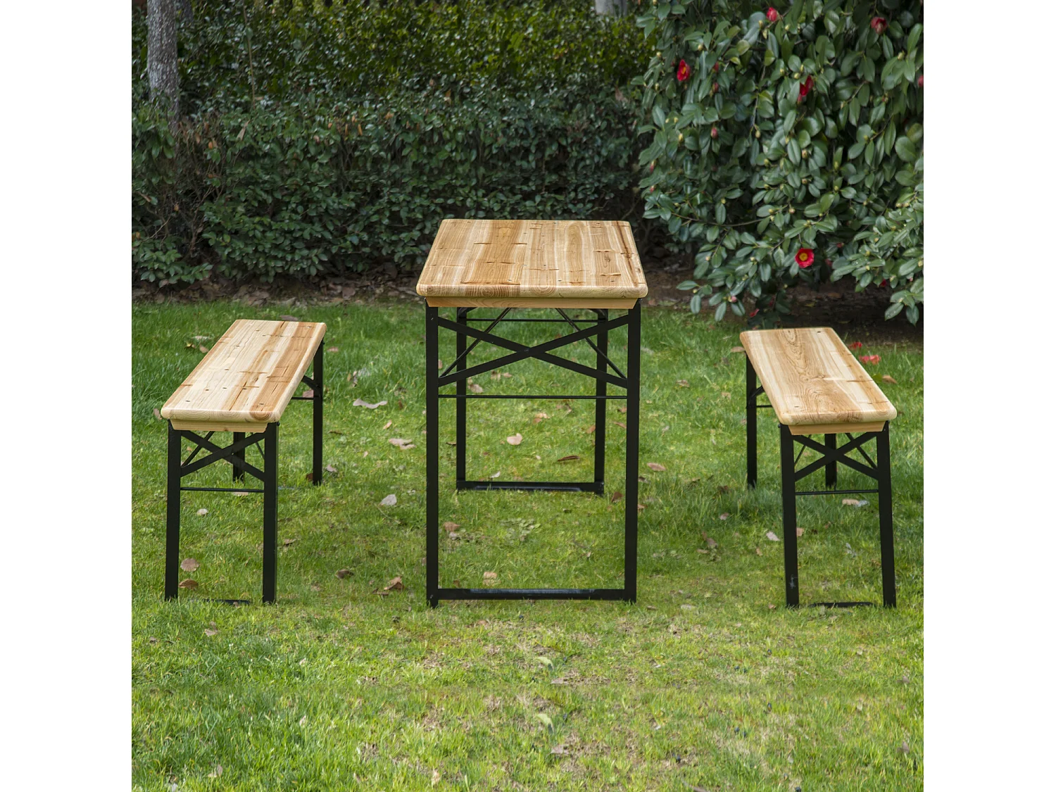 Table de camping pique-nique pliable portable + 2 bancs pliables métal époxy noir bois massif sapin