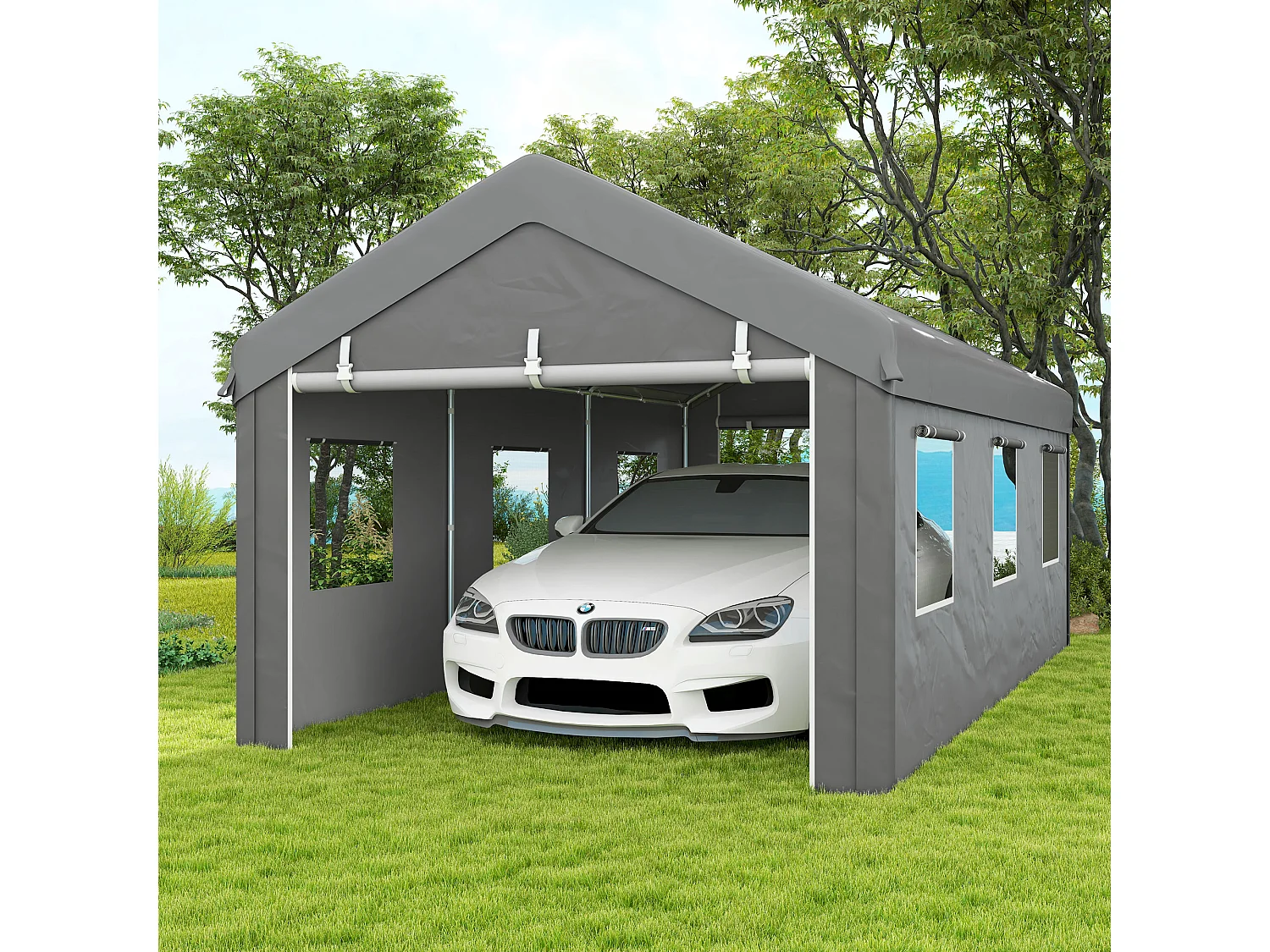 Tente garage carport dim. 6L x 2,95l x 2,78H m acier galvanisé PE haute densité 2 portes 6 fenêtres gris