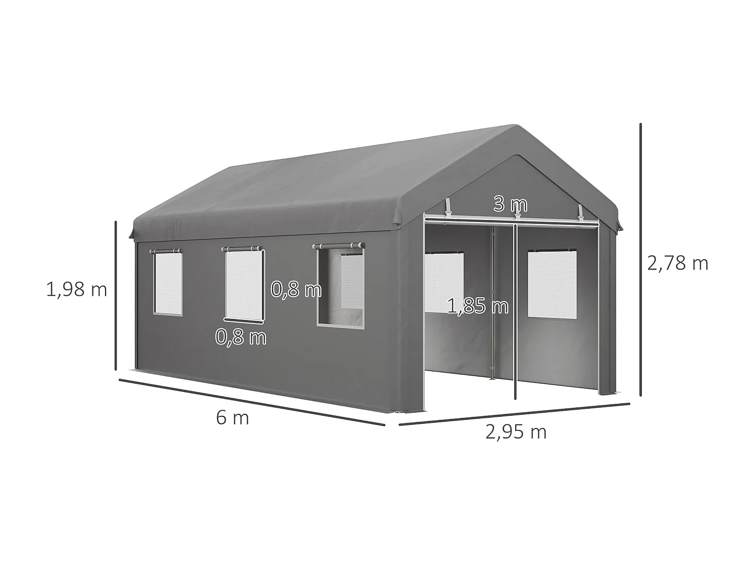 Tente garage carport dim. 6L x 2,95l x 2,78H m acier galvanisé PE haute densité 2 portes 6 fenêtres gris