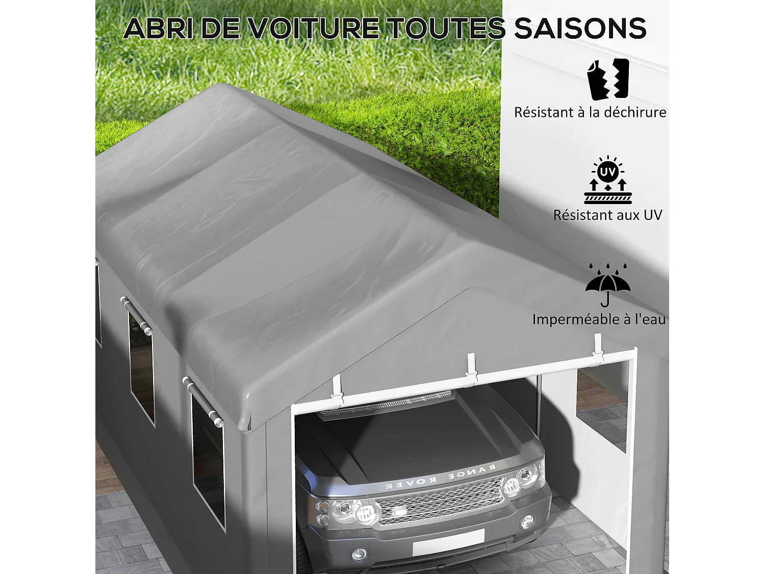 Tente garage carport dim. 6L x 2,95l x 2,78H m acier galvanisé PE haute densité 2 portes 6 fenêtres gris