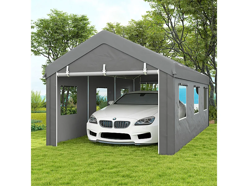 Tente garage carport dim. 6L x 2,95l x 2,78H m acier galvanisé PE haute densité 2 portes 6 fenêtres gris