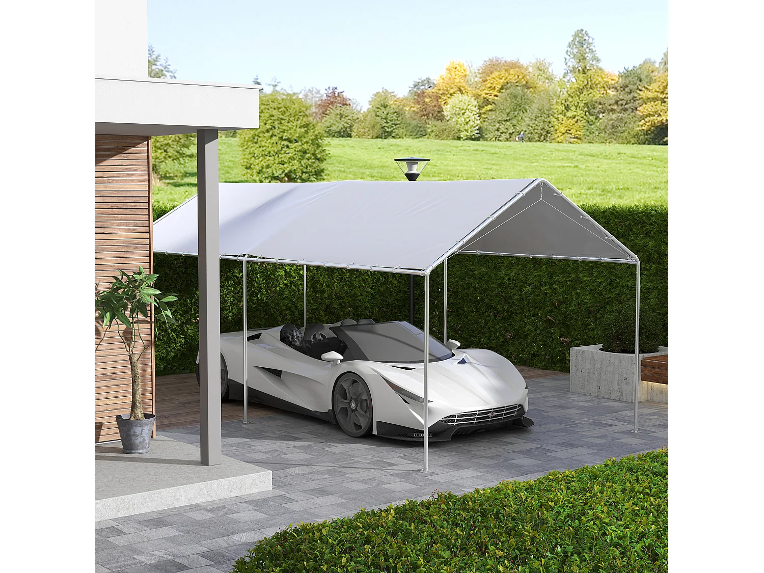 Toile de rechange carport auvent voiture dim. 6L x 3l m tendeurs élastiques inclus PE haute densité blanc