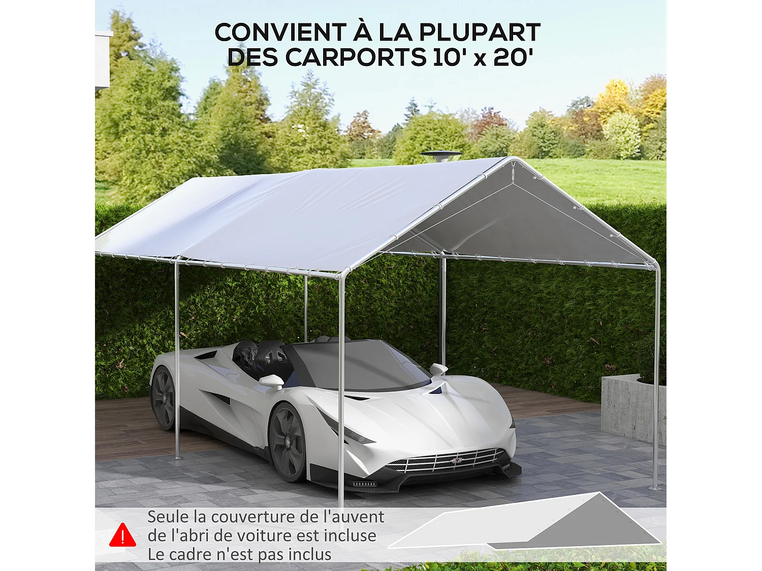 Toile de rechange carport auvent voiture dim. 6L x 3l m tendeurs élastiques inclus PE haute densité blanc