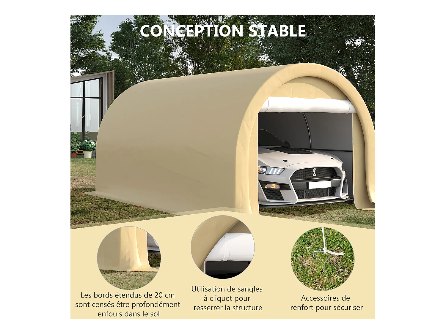 Tente garage carport dim. 5L x 3l x 2,4H m acier galvanisé robuste PE haute densité 190 g/m² imperméable anti-UV beige