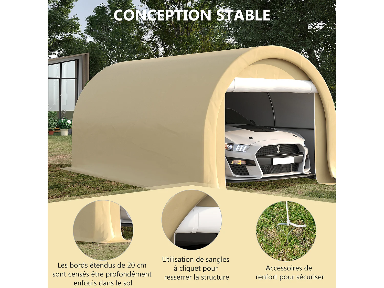 Tente garage carport dim. 5L x 3l x 2,4H m acier galvanisé robuste PE haute densité 190 g/m² imperméable anti-UV beige