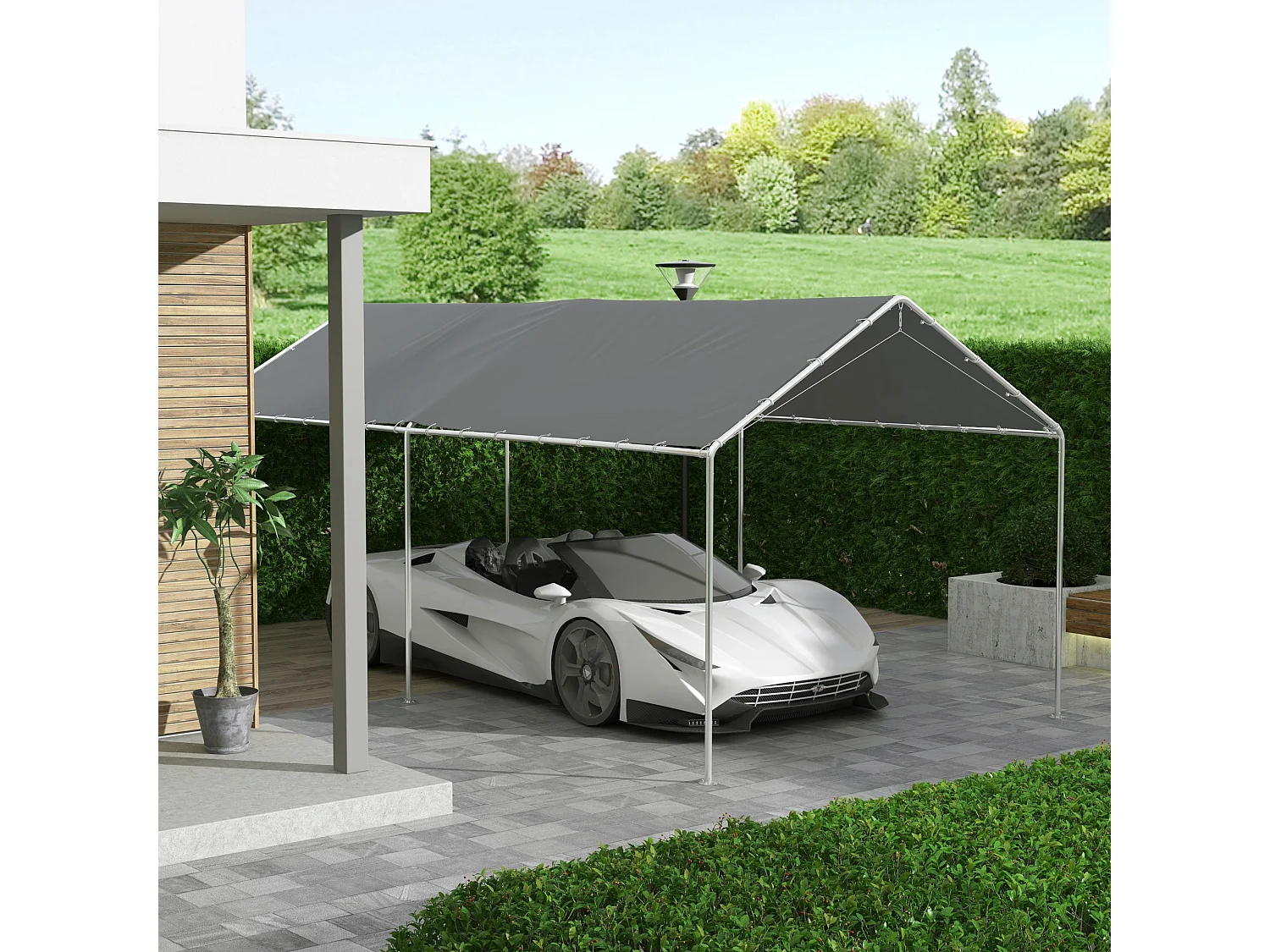 Toile de rechange carport auvent voiture dim. 6L x 3l m tendeurs élastiques inclus PE haute densité gris